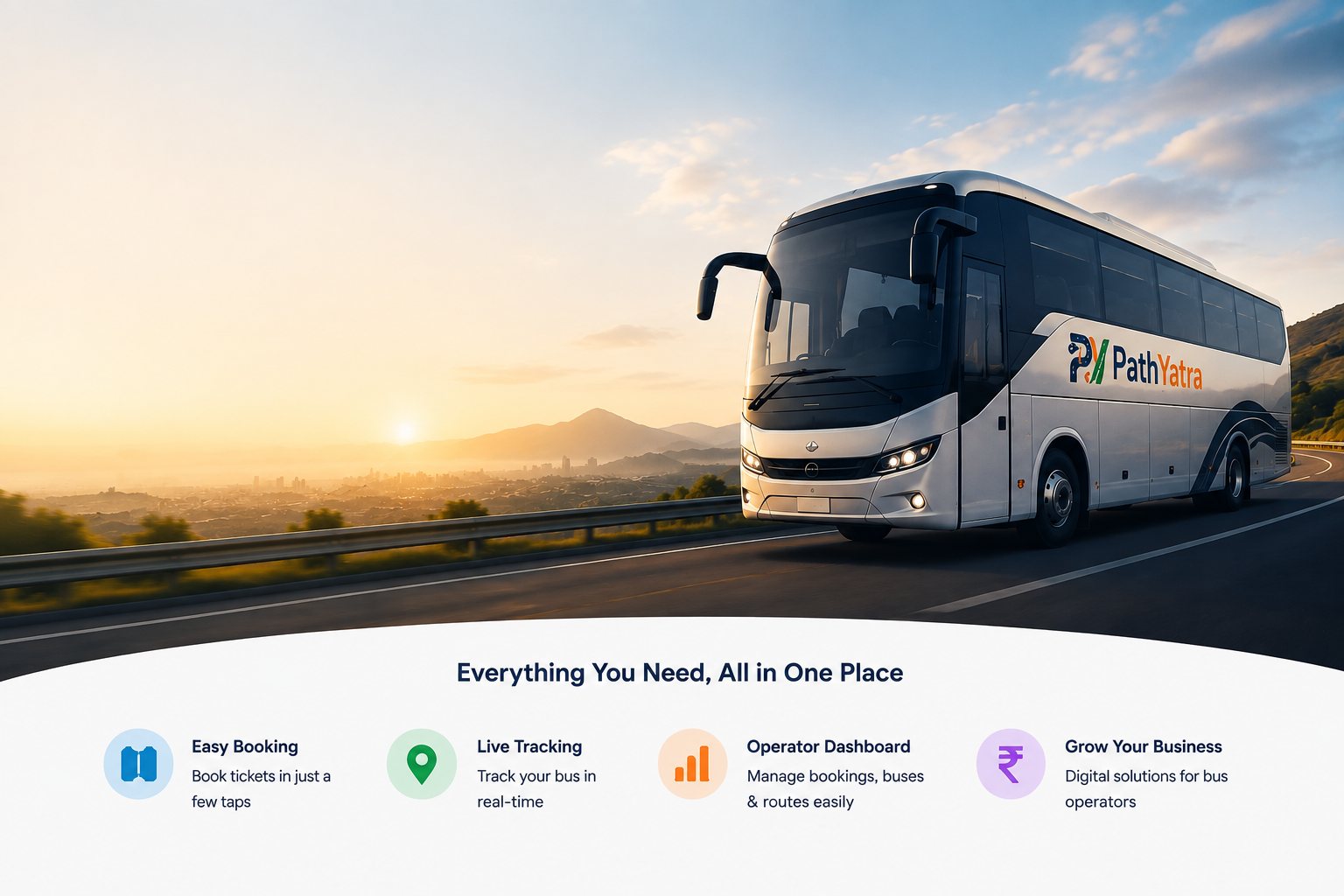PathYatra bus on a highway at sunrise